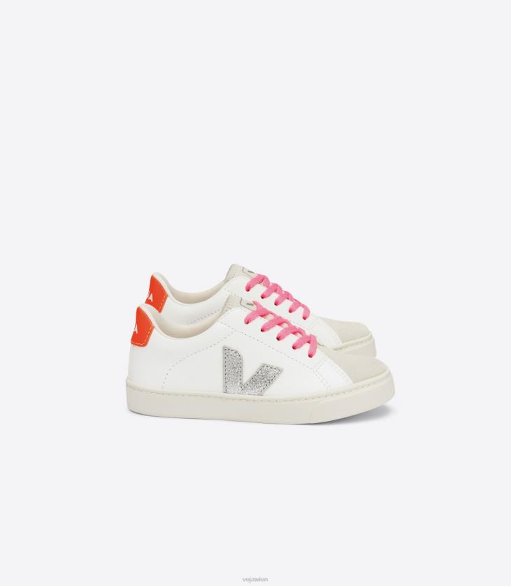 8JL44335Veja Esplar-Schnürsenkel, chromfreies Leder, Weiß, Silber, Orange, Fluo
