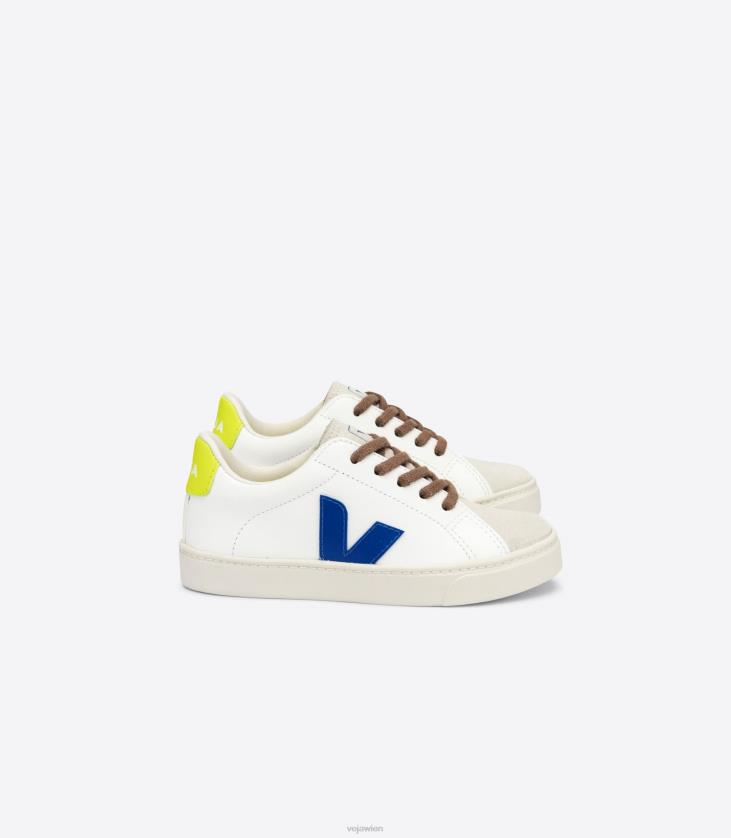 8JL44341Veja Esplar-Schnürsenkel, chromfreies Leder, weiß, indigo, jaune fluo