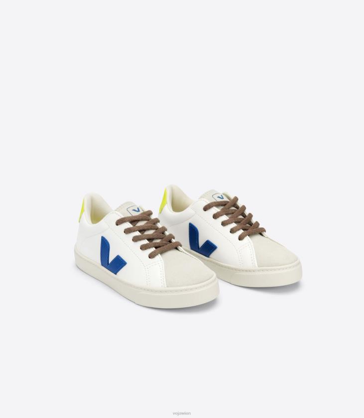8JL44341Veja Esplar-Schnürsenkel, chromfreies Leder, weiß, indigo, jaune fluo